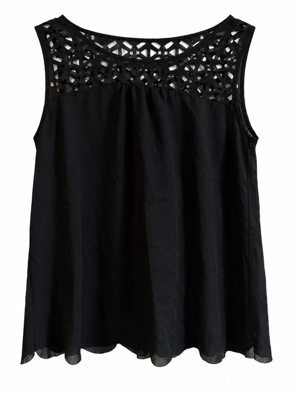 mine Black Laser-Cut Yoke Sleeveless Swing Tank with Open Scalloped Back
